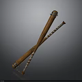 Decorative Wooden Staffs Featuring Carved Design Striped Accents And Metal Rings Crossed