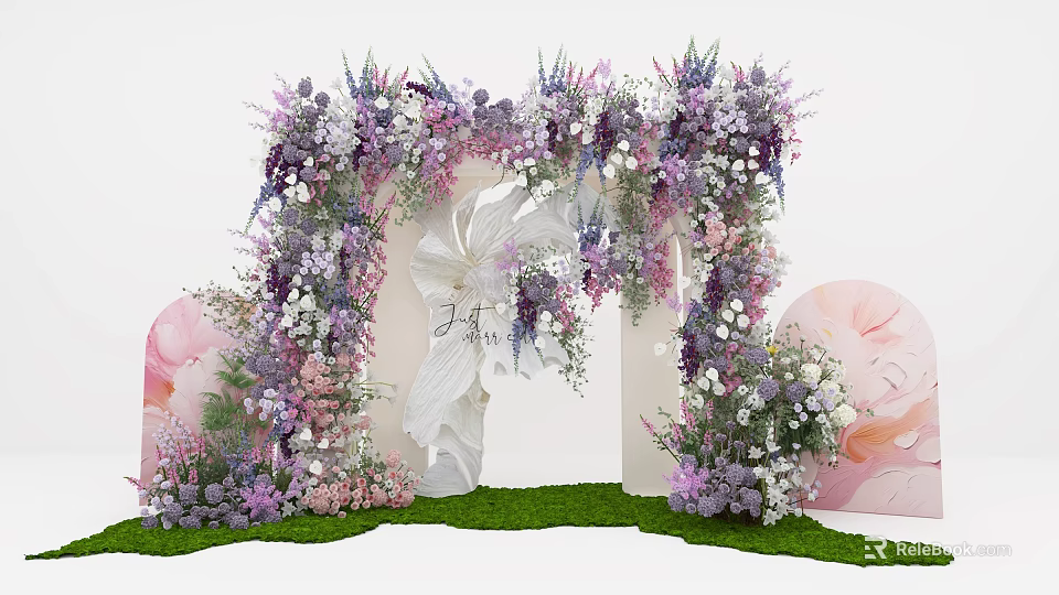 Floral Decorated Event Entrance Arch With Purple Pink Flowers And Green Grass 3d model 