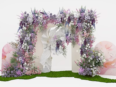 Floral Decorated Event Entrance Arch With Purple Pink Flowers And Green Grass 3d model