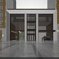 Modern Entrance Gate With Glass Panels Metal Frame And High rise Buildings In Front Plaza