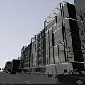 Modern Commercial Street Architectural Exterior With Glass Curtain Walls Evening Lights Pedestrians And Vehicles