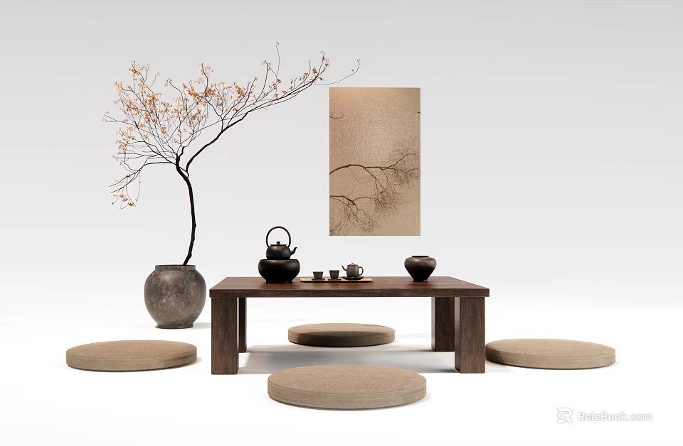 Zen Style Wooden Tea Table with Tea Set Ceramic Jar Tree Branch and Cushioned Seats 3d model 