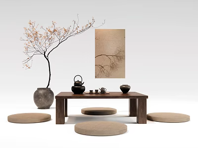 Zen Style Wooden Tea Table with Tea Set Ceramic Jar Tree Branch and Cushioned Seats 3d model