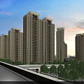 Modern High Rise Residential Buildings with Greenery and Road at Sunset Near City Skyline
