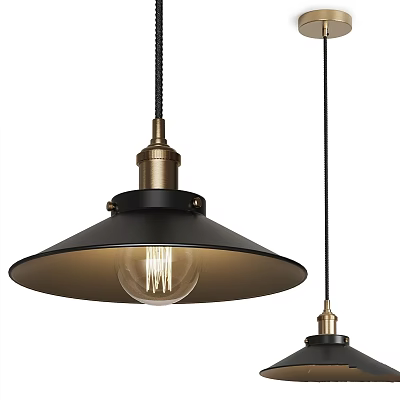 Industrial Style Pendant Light With Black Metal Shade Gold Accents And Clear Glass Bulb 3d model