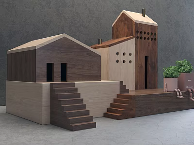 Wooden Block Building Models With Stairs Platforms Natural Wood Tones And Small Potted Plant 3d model
