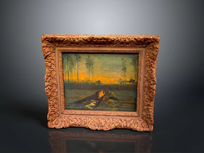 Intricate Carved Wooden Photo Frame with Sunset Landscape Painting Home Decor 3d model