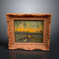 Intricate Carved Wooden Photo Frame with Sunset Landscape Painting Home Decor