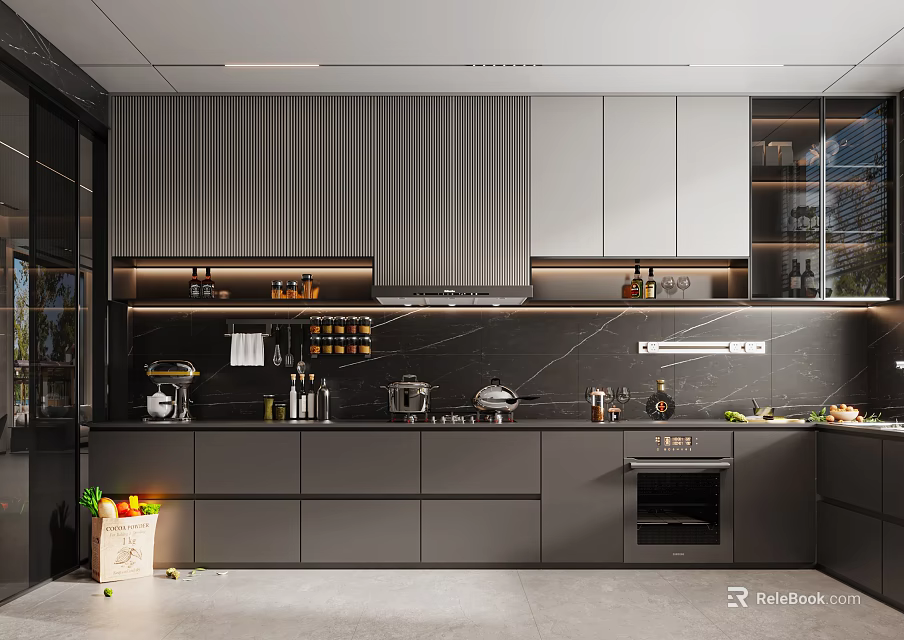 Modern Kitchen Interior Design With Gray Cabinets Black Countertop Built In Oven And Appliances 3d model 