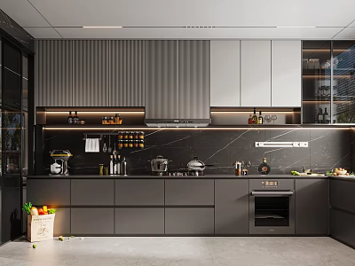 Modern Kitchen Interior Design With Gray Cabinets Black Countertop Built In Oven And Appliances 3d model