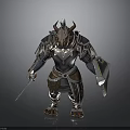 Mythical Man In Detailed Armor With Horns Holding Shield And Sword