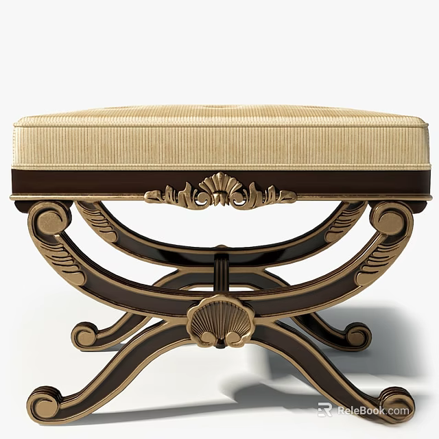 Elegant Sofa Stool With Beige Striped Cushion Carved Dark Wooden Frame And Curved Legs 3d model 