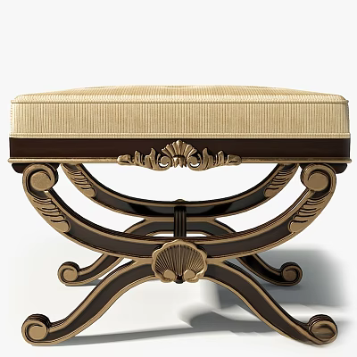 Elegant Sofa Stool With Beige Striped Cushion Carved Dark Wooden Frame And Curved Legs 3d model