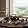 Traditional Tea Set With Teapot Teacups Tray Stones Flower Branch On Wooden Table By Window