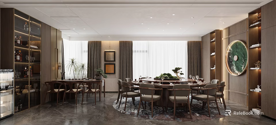 Elegant Private Dining Room With Round Table Chairs And Plants 3d model
