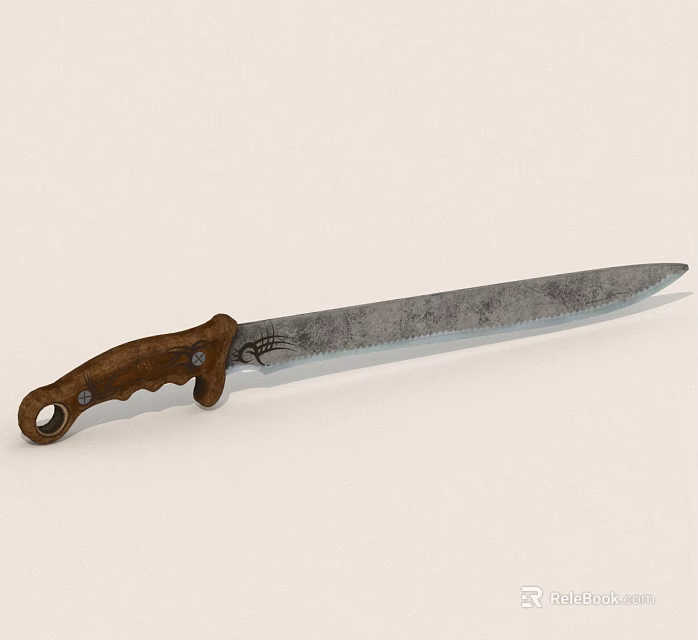 Old Metal Knife With Worn Blade And Brown Wooden Handle Design 3d model 