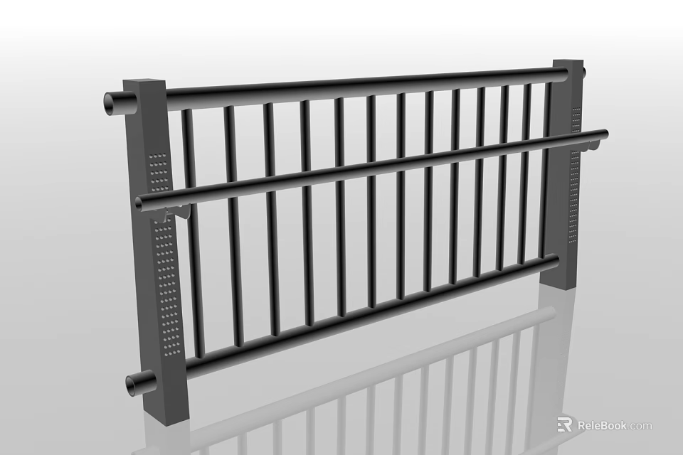 Black Metal Fence With Vertical Bars And Horizontal Rails For Outdoor Safety 3d model 