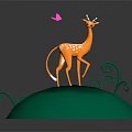 Cute Orange Fawn Standing On Green Round Platform With Curly Green Plants And Pink Butterfly
