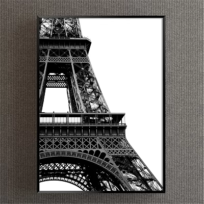 Black and White Eiffel Tower Landscape Painting Featuring Detailed Metal Structure and Framed View 3d model