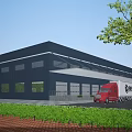 Industrial Factory Building With Blue Gray Exterior Large Windows Delivery Truck And Green Hedge