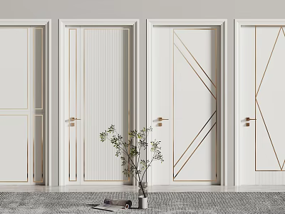 White Flush Doors With Gold Lines In Modern Interior Design Featuring Vase And Green Plants 3d model