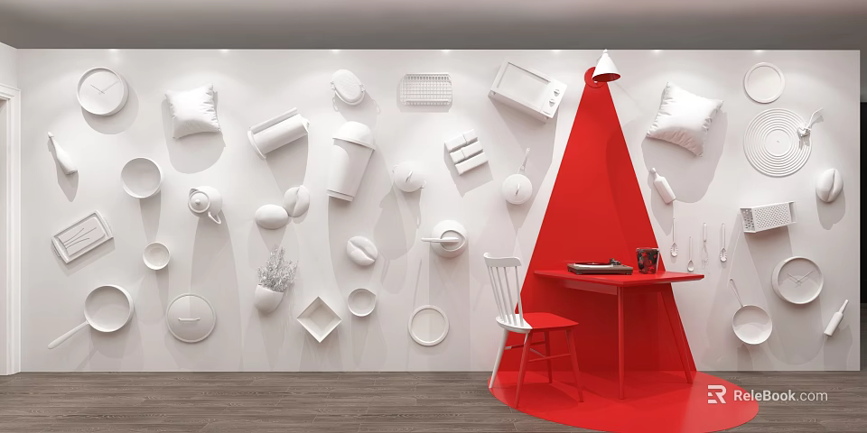 White Wall Decor With Various White Objects Red Triangle Structure Red Table And White Chair 3d model 