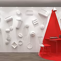 White Wall Decor With Various White Objects Red Triangle Structure Red Table And White Chair 3d model