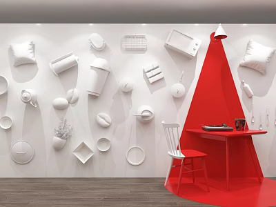 White Wall Decor With Various White Objects Red Triangle Structure Red Table And White Chair 3d model