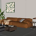 Modern Brown Leather Sofa Coffee Table Set With Green Plant Decorative Painting And Side Table
