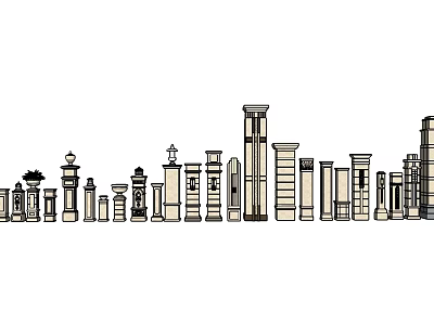 Various Architectural Columns with Diverse Styles and Designs in Row 3d model
