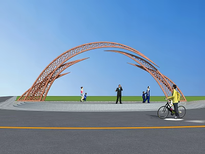 Modern Orange Arch Sculpture With People Cyclist On Green Lawn And Blue Sky 3d model