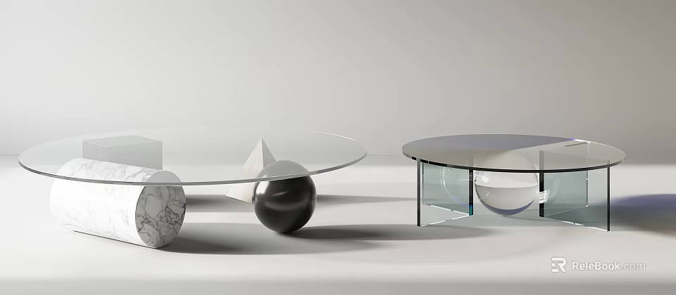 Modern Coffee Table With Glass Top And Geometric Marble Metal Bases 3d model 