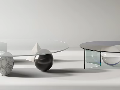 Modern Coffee Table With Glass Top And Geometric Marble Metal Bases 3d model