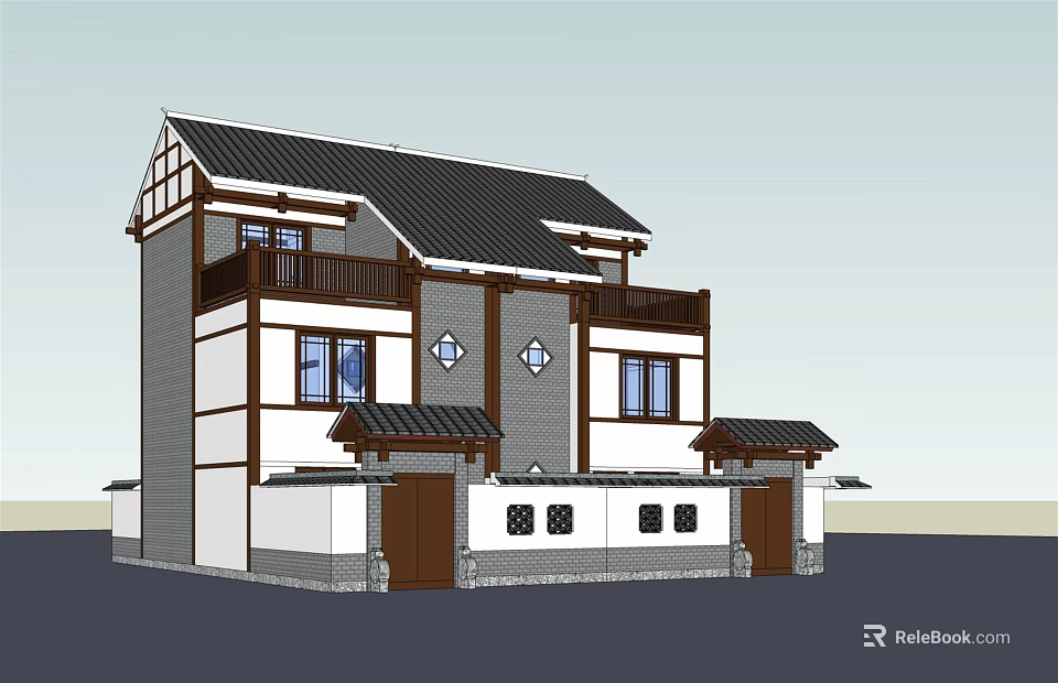 Traditional Style Two Story Semi detached Villa With Black Tiled Roof Wooden Frames And Windows 3d model 