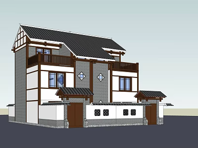 Traditional Style Two Story Semi detached Villa With Black Tiled Roof Wooden Frames And Windows 3d model