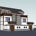 Traditional Style Two Story Semi detached Villa With Black Tiled Roof Wooden Frames And Windows
