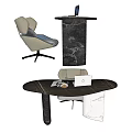 Modern Dark Marble Office Desk With Laptop Magazine And Comfortable Chair Setup
