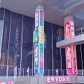 Pink Octopus Art Installation With Yellow Vintage Van And Neon Lights In Modern Interior