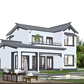 Modern Chinese Detached Villa Two Story Tile Roof White Walls With Swimming Pool And Greenery