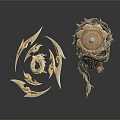 Ornate Golden Blades With Red Gemstones And Dragon Shield Design Weapons