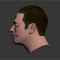 3D Male Character Head Model With Gray Combed Back Hair Serious Expression Against Gray Background