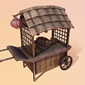 Traditional Street Food Cart With Straw Roof Wooden Structure And Red Lantern
