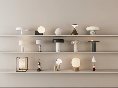 Various Modern Table Lamps Arranged On Beige Wall Shelves 3d model