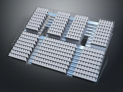 Public chairs arranged in neat rows with white seats and metal frames in public area 3d model