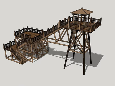 Traditional Wooden Tower Structure With Observation Deck Stairs And Walkway Design 3d model
