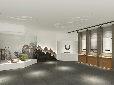 Modern Museum Exhibition Hall With Glass Display Cases And Mountain Landscape Backdrop 3d model