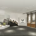 Modern Museum Exhibition Hall With Glass Display Cases And Mountain Landscape Backdrop