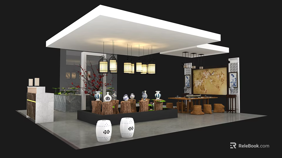 Chinese Style Exhibition Reception Desk With Hanging Lanterns And Ceramic Vases 3d model 