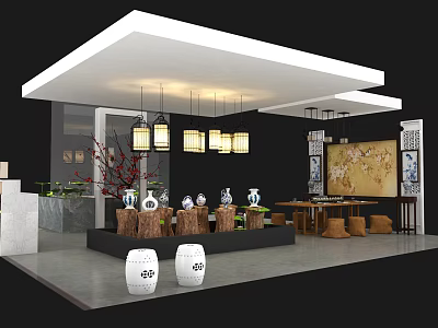 Chinese Style Exhibition Reception Desk With Hanging Lanterns And Ceramic Vases 3d model