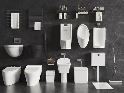 Different Types Of Modern Toilet And Bathroom Fixtures On 3d model